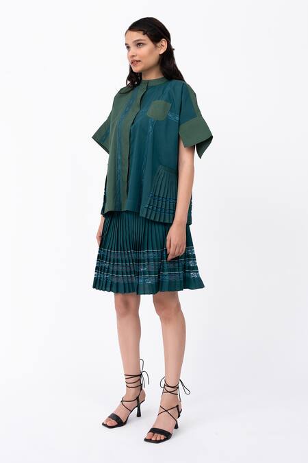 Buy_Leh Studios_Green Cotton Lace Channel Embellished Pleated Skirt_Online_at_Aza_Fashions