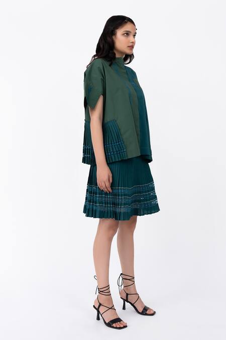 Shop_Leh Studios_Green Cotton Lace Channel Embellished Pleated Skirt_Online_at_Aza_Fashions