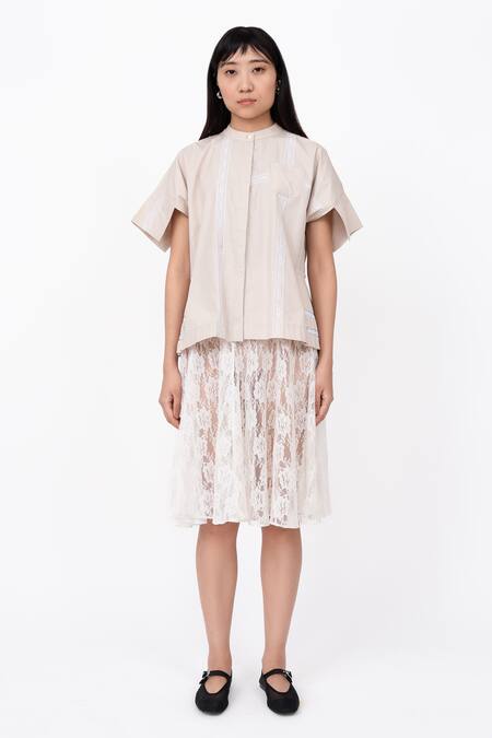 Leh Studios_Beige Viscose Lace Mandarin Collar Channel Embellished Top_Online_at_Aza_Fashions