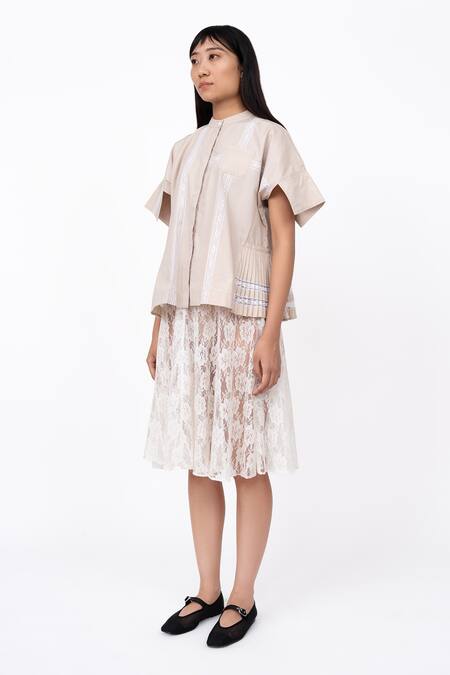 Buy_Leh Studios_Beige Viscose Lace Mandarin Collar Channel Embellished Top_Online_at_Aza_Fashions