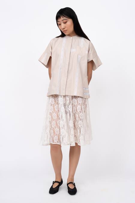 Shop_Leh Studios_Beige Viscose Lace Mandarin Collar Channel Embellished Top_Online_at_Aza_Fashions