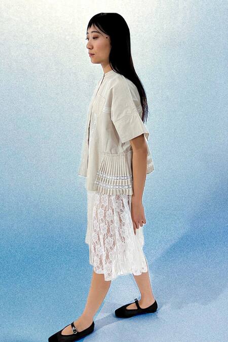 Leh Studios_Beige Viscose Lace Mandarin Collar Channel Embellished Top_at_Aza_Fashions