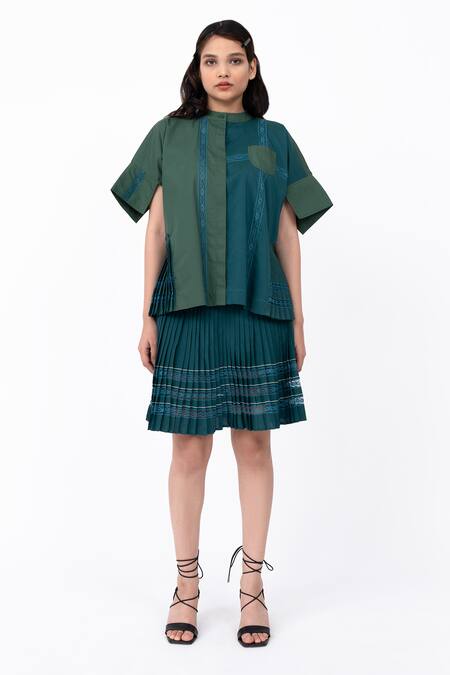 Leh Studios_Green Viscose Lace Mandarin Collar Channel Embellished Microfrill Pleated Top_Online_at_Aza_Fashions