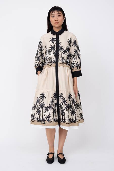 Leh Studios Beige 100% Cotton Print Dawn Collar Neck Midi Drawstring Dress 