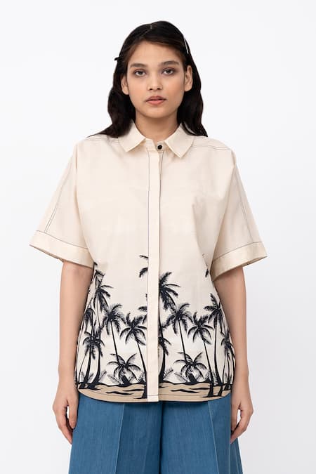 Leh Studios Beige 100% Cotton Print Dawn Collar Neck Shell Shirt 