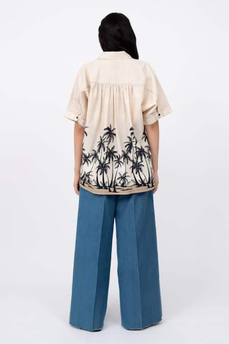 Shop_Leh Studios_Beige Cotton Collared Dawn Print Shell Shirt _at_Aza_Fashions