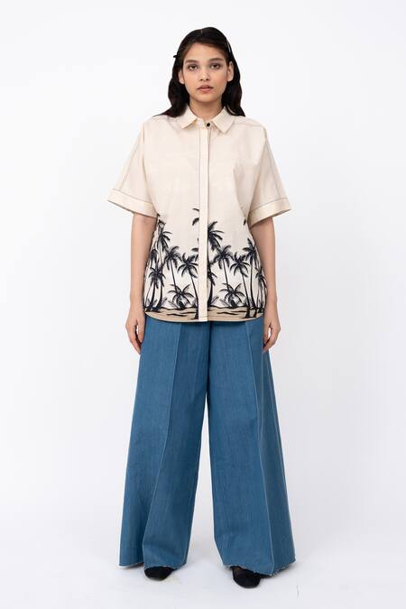 Leh Studios_Beige Cotton Collared Dawn Print Shell Shirt _Online_at_Aza_Fashions