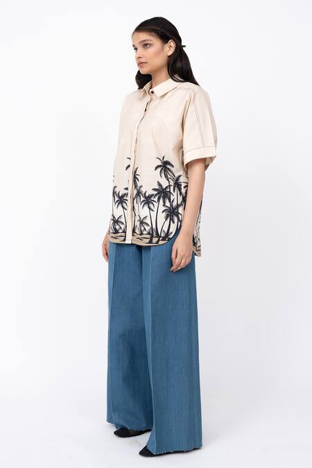 Buy_Leh Studios_Beige Cotton Collared Dawn Print Shell Shirt _Online_at_Aza_Fashions