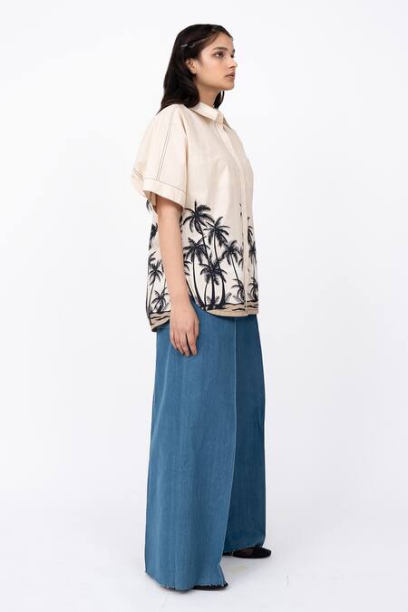 Shop_Leh Studios_Beige Cotton Collared Dawn Print Shell Shirt _Online_at_Aza_Fashions