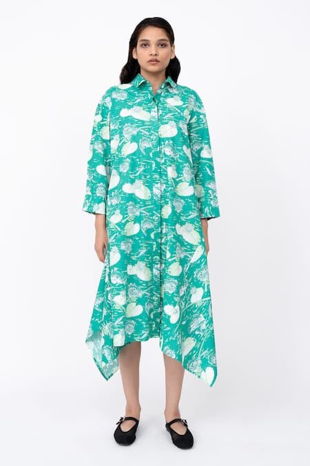 Leh Studios Green 100% Cotton Print Fisherman Collar Neck Hanker Shirt Dress 