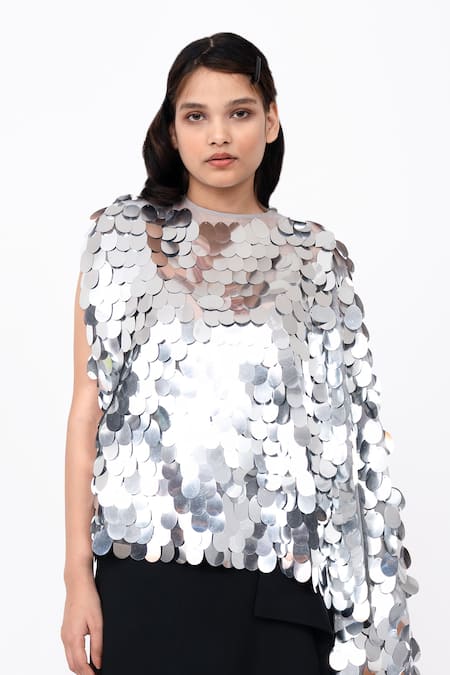 Leh Studios Grey 100% Viscose Embellished Sequins Round Neck Disco Hanker Top 