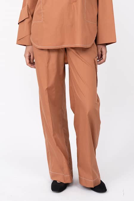 Leh Studios_Orange Cotton Husk Stitch Line Detail Pocket Pant _Online_at_Aza_Fashions