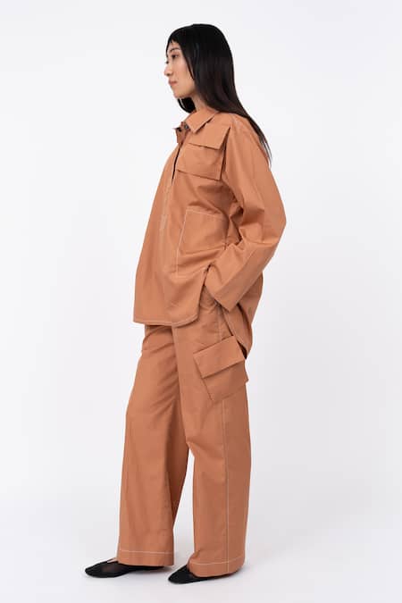 Shop_Leh Studios_Orange Cotton Husk Stitch Line Detail Pocket Pant _Online_at_Aza_Fashions