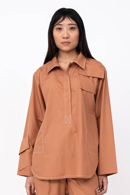 Leh Studios Orange 100% Cotton Solid Collar Husk Stitch Line Detail Tunic Shirt 