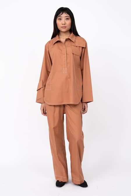 Leh Studios_Orange Cotton Collared Husk Stitch Line Detail Tunic Shirt _Online_at_Aza_Fashions