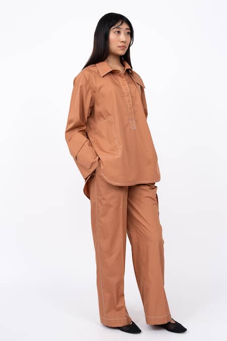 Buy_Leh Studios_Orange Cotton Collared Husk Stitch Line Detail Tunic Shirt _Online_at_Aza_Fashions