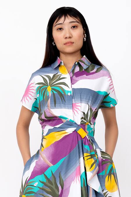 Leh Studios_Multi Color Cotton Collared Island Print Midi Dress _Online_at_Aza_Fashions