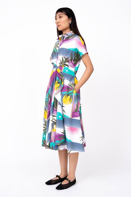Shop_Leh Studios_Multi Color Cotton Collared Island Print Midi Dress _Online_at_Aza_Fashions