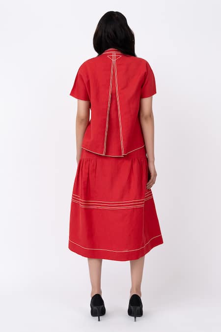 Leh Studios Cherry Stitch Line Embroidered Pintucked Midi Skirt 