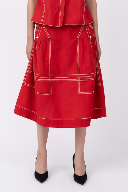 Leh Studios_Red Linen Embroidery Cherry Stitch Pintucked Midi Skirt _Online_at_Aza_Fashions