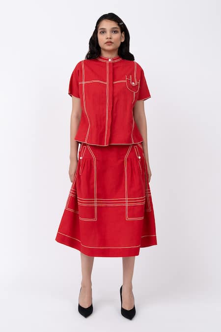 Leh Studios_Red Linen Embroidery Mandarin Collar Cherry Stitch Top _Online_at_Aza_Fashions