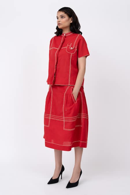 Buy_Leh Studios_Red Linen Embroidery Mandarin Collar Cherry Stitch Top _Online_at_Aza_Fashions