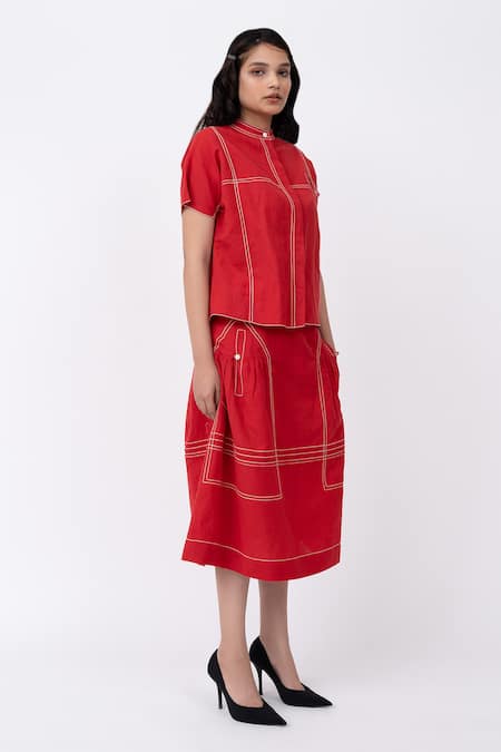 Shop_Leh Studios_Red Linen Embroidery Mandarin Collar Cherry Stitch Top _Online_at_Aza_Fashions