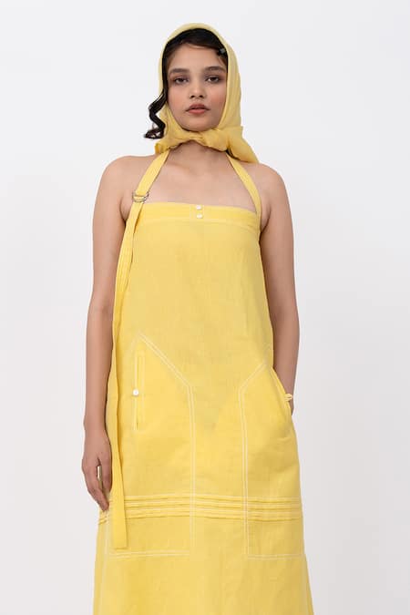 Leh Studios_Yellow Linen Halter Neck Lemonade Solid Dress _Online_at_Aza_Fashions