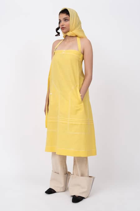 Buy_Leh Studios_Yellow Linen Halter Neck Lemonade Solid Dress _Online_at_Aza_Fashions