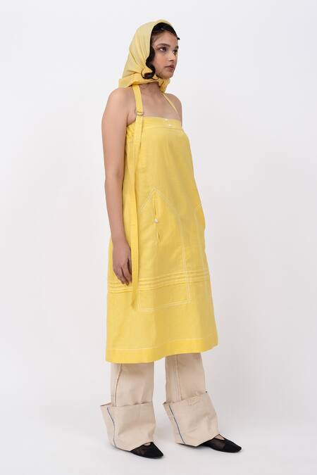 Shop_Leh Studios_Yellow Linen Halter Neck Lemonade Solid Dress _Online_at_Aza_Fashions