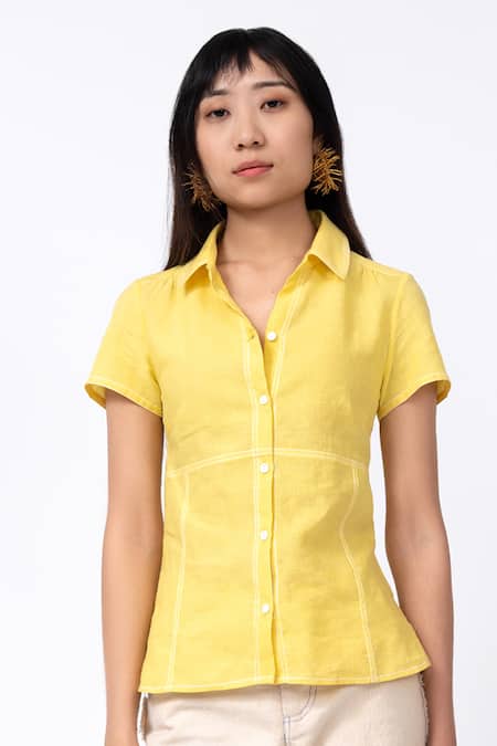 Leh Studios Yellow 100% Linen Solid Collar Lemonade Day Shirt 