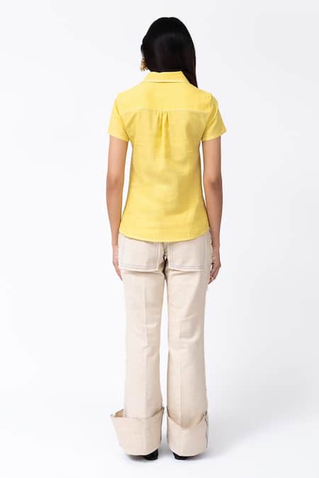 Shop_Leh Studios_Yellow Linen Piping Collared Lemonade Day Solid Shirt _at_Aza_Fashions