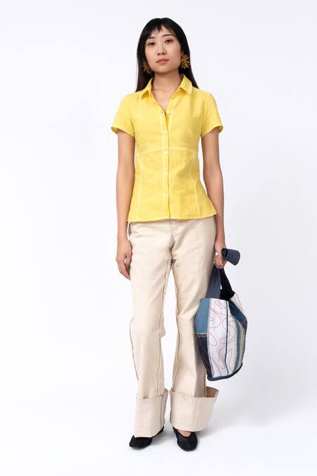 Leh Studios_Yellow Linen Piping Collared Lemonade Day Solid Shirt _Online_at_Aza_Fashions