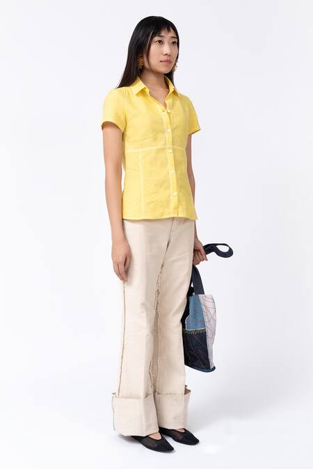 Buy_Leh Studios_Yellow Linen Piping Collared Lemonade Day Solid Shirt _Online_at_Aza_Fashions