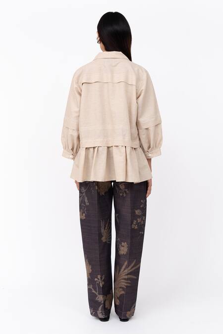 Shop Leh Studios Beige Linen Collared Fence Solid Double-layered Top at Aza Fashions Shop_Leh Studios_Beige Linen Collared Fence Solid Double-layered Top _at_Aza_Fashions
