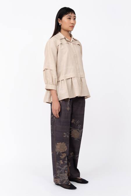 Buy Leh Studios Beige Linen Collared Fence Solid Double-layered Top Online at Aza Fashions Buy_Leh Studios_Beige Linen Collared Fence Solid Double-layered Top _Online_at_Aza_Fashions