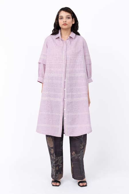 Leh Studios Purple 100% Linen Solid Collar Fence Shirt Dress 