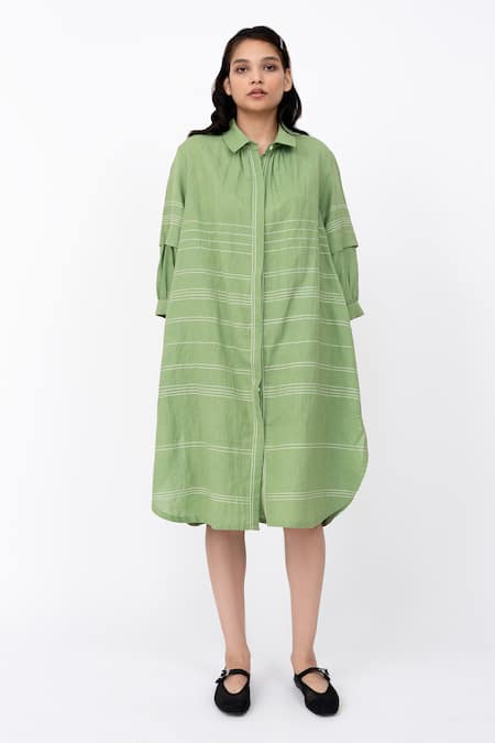 Leh Studios Fence Solid Pleated Shirt Dress 