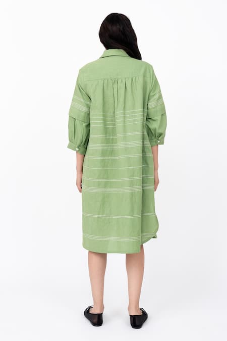 Shop Leh Studios Green Linen Collared Fence Solid Pleated Shirt Dress at Aza Fashions Shop_Leh Studios_Green Linen Collared Fence Solid Pleated Shirt Dress _at_Aza_Fashions