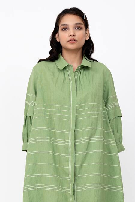 Leh Studios Green Linen Collared Fence Solid Pleated Shirt Dress Online at Aza Fashions Leh Studios_Green Linen Collared Fence Solid Pleated Shirt Dress _Online_at_Aza_Fashions