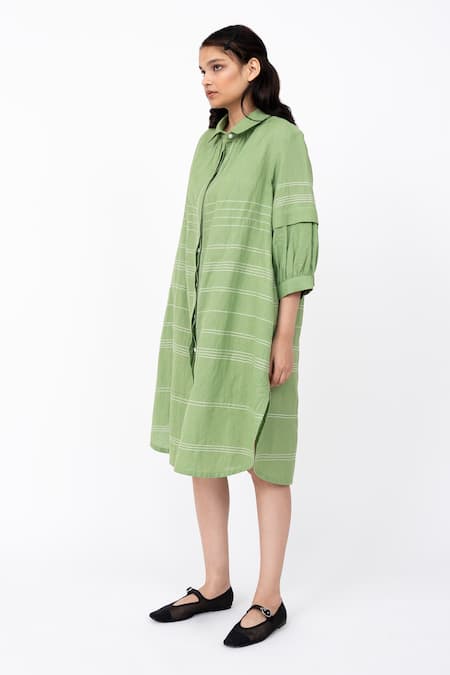 Buy Leh Studios Green Linen Collared Fence Solid Pleated Shirt Dress Online at Aza Fashions Buy_Leh Studios_Green Linen Collared Fence Solid Pleated Shirt Dress _Online_at_Aza_Fashions