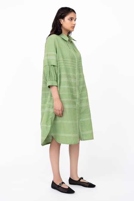 Shop Leh Studios Green Linen Collared Fence Solid Pleated Shirt Dress Online at Aza Fashions Shop_Leh Studios_Green Linen Collared Fence Solid Pleated Shirt Dress _Online_at_Aza_Fashions
