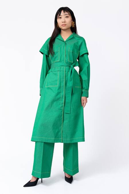 Leh Studios Green 100% Cotton Solid Lapel Collar Metro Jacket Dress 