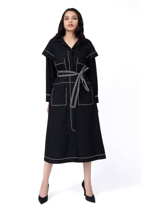 Leh Studios Black 100% Cotton Solid Lapel Collar Metro Jacket Dress 