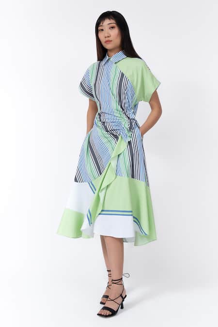 Leh Studios Multi Color 100% Cotton Printed Striped Collar Dress 