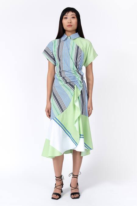 Leh Studios_Multi Color Cotton Collared Striped Midi Dress_Online_at_Aza_Fashions