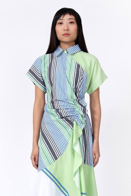 Buy_Leh Studios_Multi Color Cotton Collared Striped Midi Dress_Online_at_Aza_Fashions