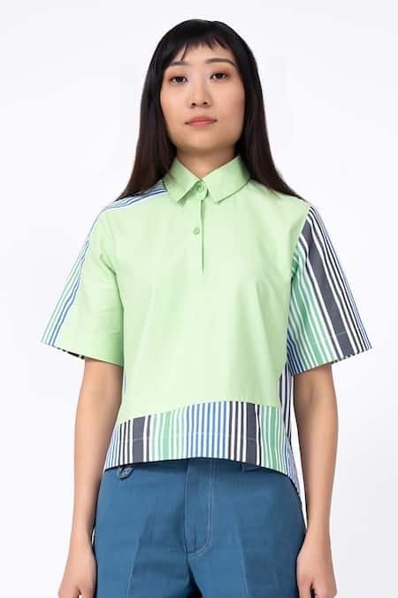 Leh Studios Multi Color 100% Cotton Printed Striped Collar T-shirt 