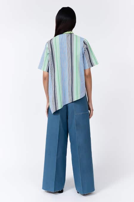 Shop Leh Studios Multi Color Cotton Collared Striped Print T-shirt at Aza Fashions Shop_Leh Studios_Multi Color Cotton Collared Striped Print T-shirt_at_Aza_Fashions