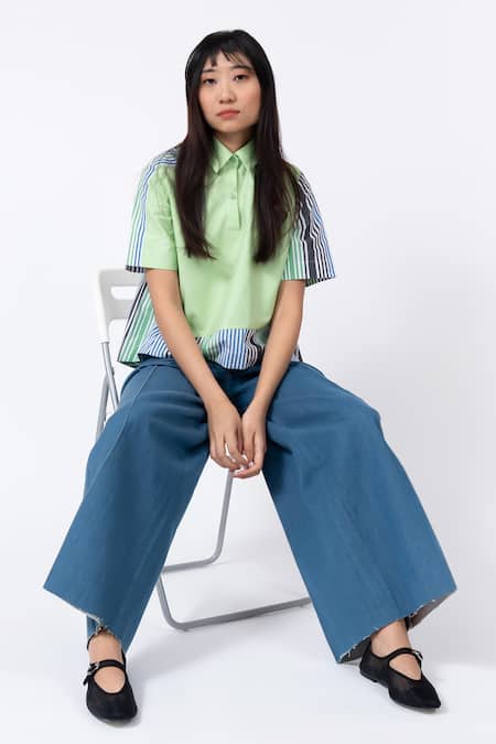 Leh Studios Multi Color Cotton Collared Striped Print T-shirt Online at Aza Fashions Leh Studios_Multi Color Cotton Collared Striped Print T-shirt_Online_at_Aza_Fashions